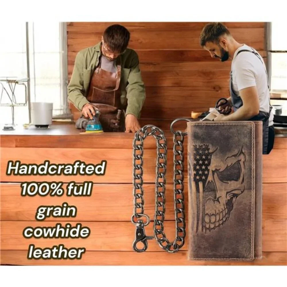 CLASSIC RFID Blocking Mens Tri-fold Long Style Cowhide Leather Steel Chain